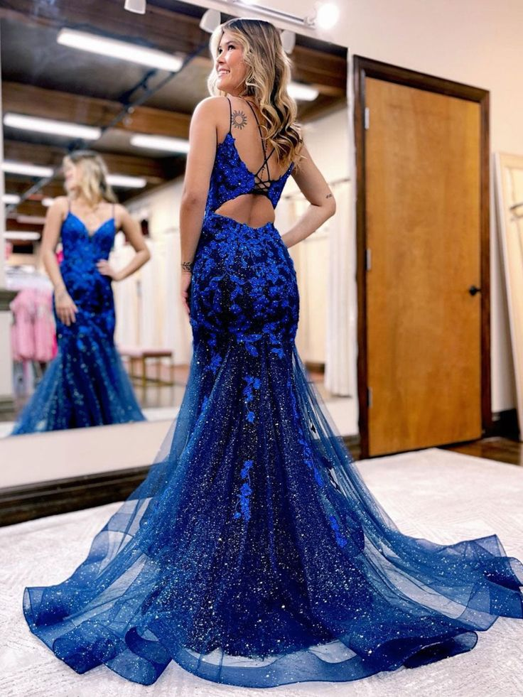 Dark Blue Mermaid Long Prom Dresses, Blue Lace Long Evening Dress nv1041