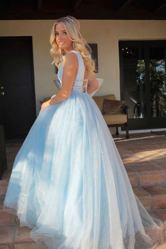 A Line Deep V Neck Ball Gown Prom Dresses Open Back White Evening Dresses nv209