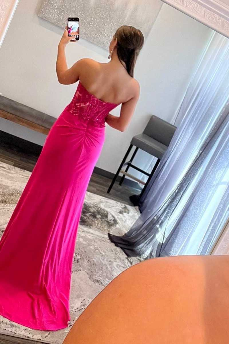 Langes Ballkleid aus Spitze mit herzförmigem Korsett und Schlitz in Pink, nv345