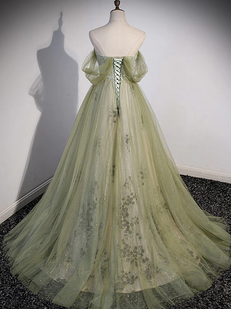 A Line Green Tulle Long Prom Dress, Green Formal Evening Dress with Beading nv549