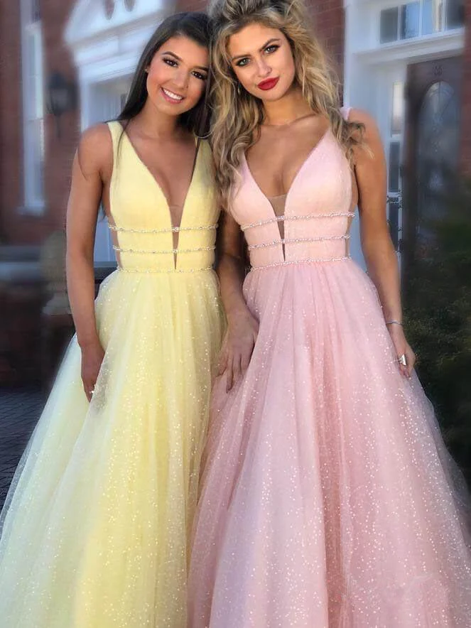 A Line Deep V Neck Ball Gown Prom Dresses Open Back White Evening Dresses nv209