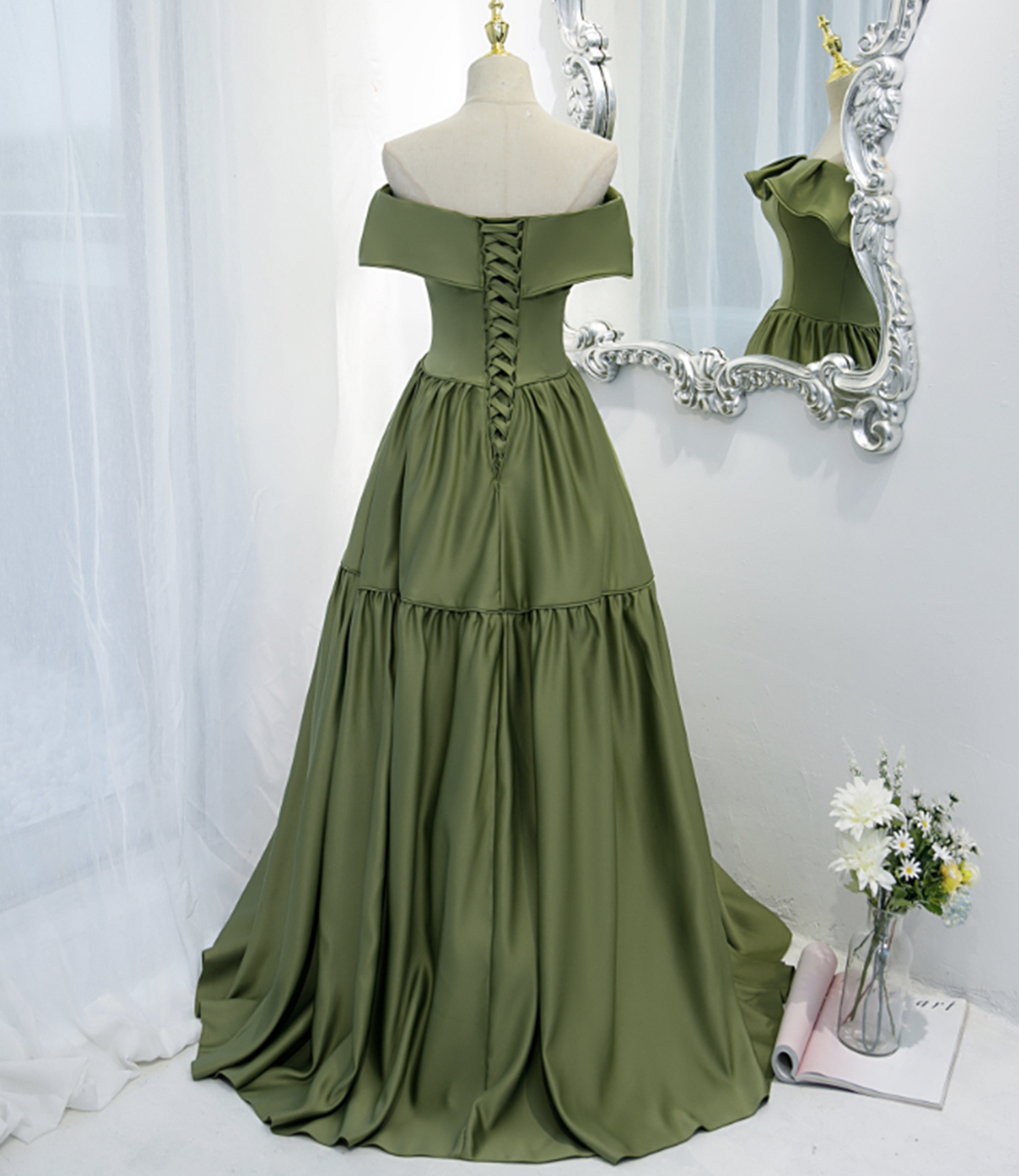 Grünes langes A-Linien-Ballkleid aus Satin, grünes Abendkleid, NV544