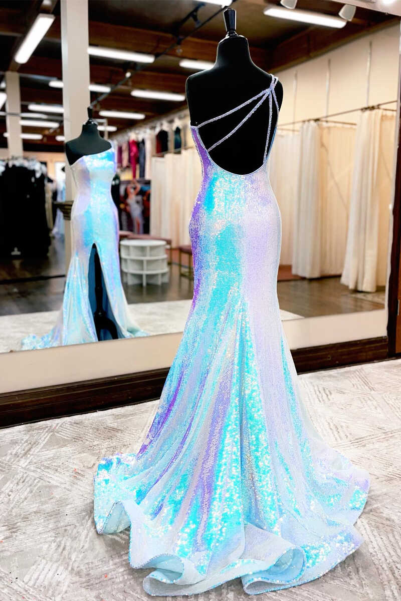 Glänzendes, rückenfreies, langes Meerjungfrauenkleid mit einer Schulter und Schlitz nv468