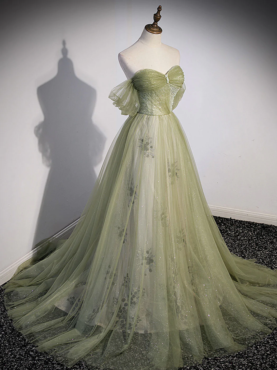 A Line Green Tulle Long Prom Dress, Green Formal Evening Dress with Beading nv549