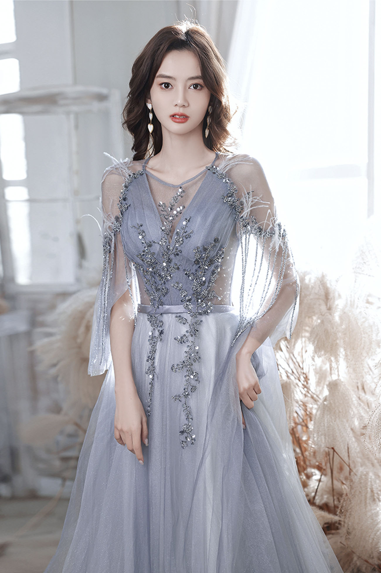 GRAUES TÜLL-PAILLETTEN-LANGES BALLKLEID A-LINIE-ABENDKLEID nv423