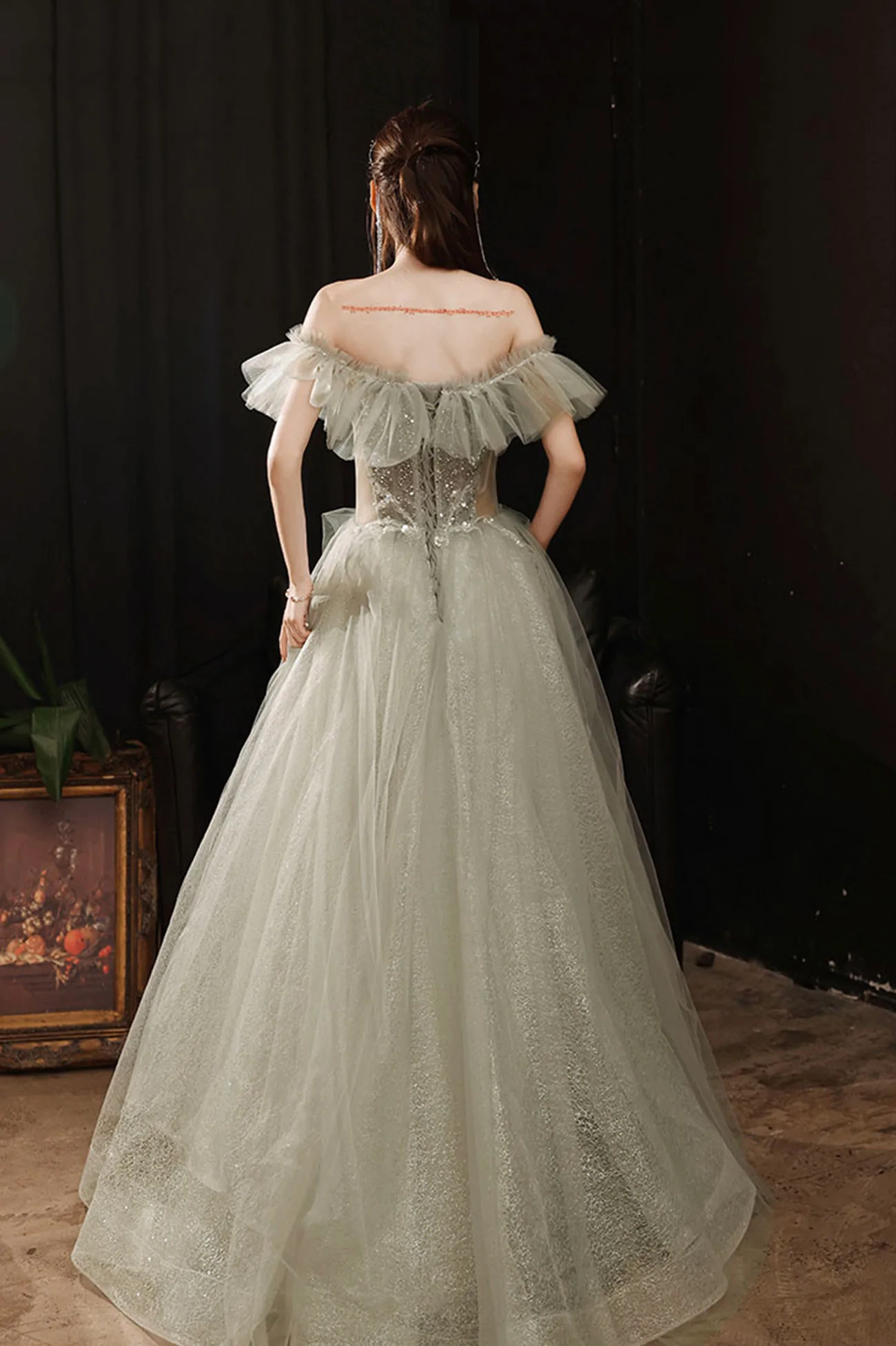 Robe de bal longue en tulle vert perlé, robe de soirée formelle trapèze nv452