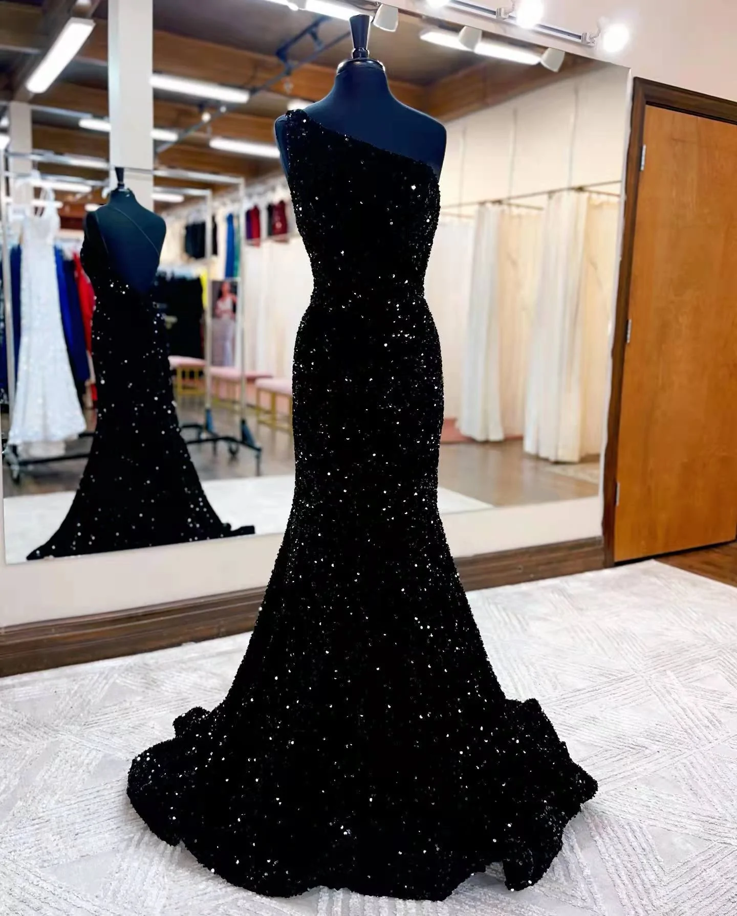 Ein-Schulter-lange Meerjungfrau-Pailletten-Ballkleider, Shing-Ballkleider nv460