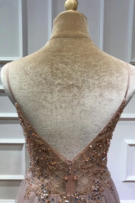 Glamouröses Ballkleid aus Tüll mit V-Ausschnitt, Spaghettiträgern und Perlenverzierung, langes Abendkleid NV155