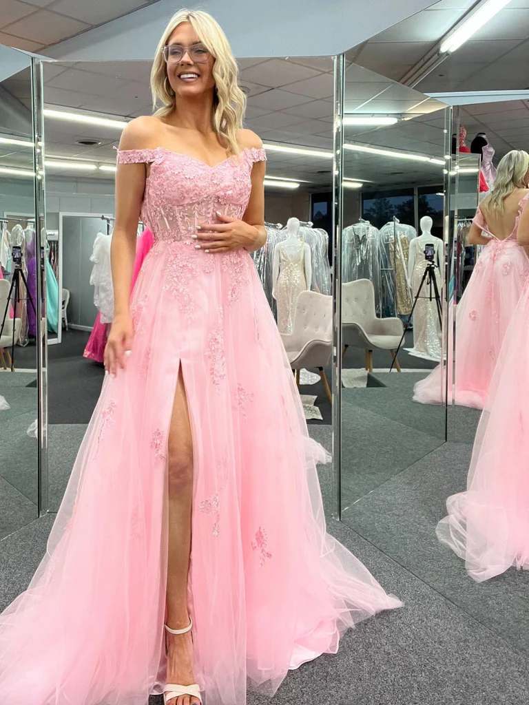 Off Shoulder Pink Lace Long Prom Dresses with High Slit, Pink Lace Formal Dresses, Off the Shoulder Pink Evening Dresses nv1047
