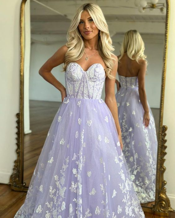 Lilac Strapless Lace Long Prom Dress nv1025