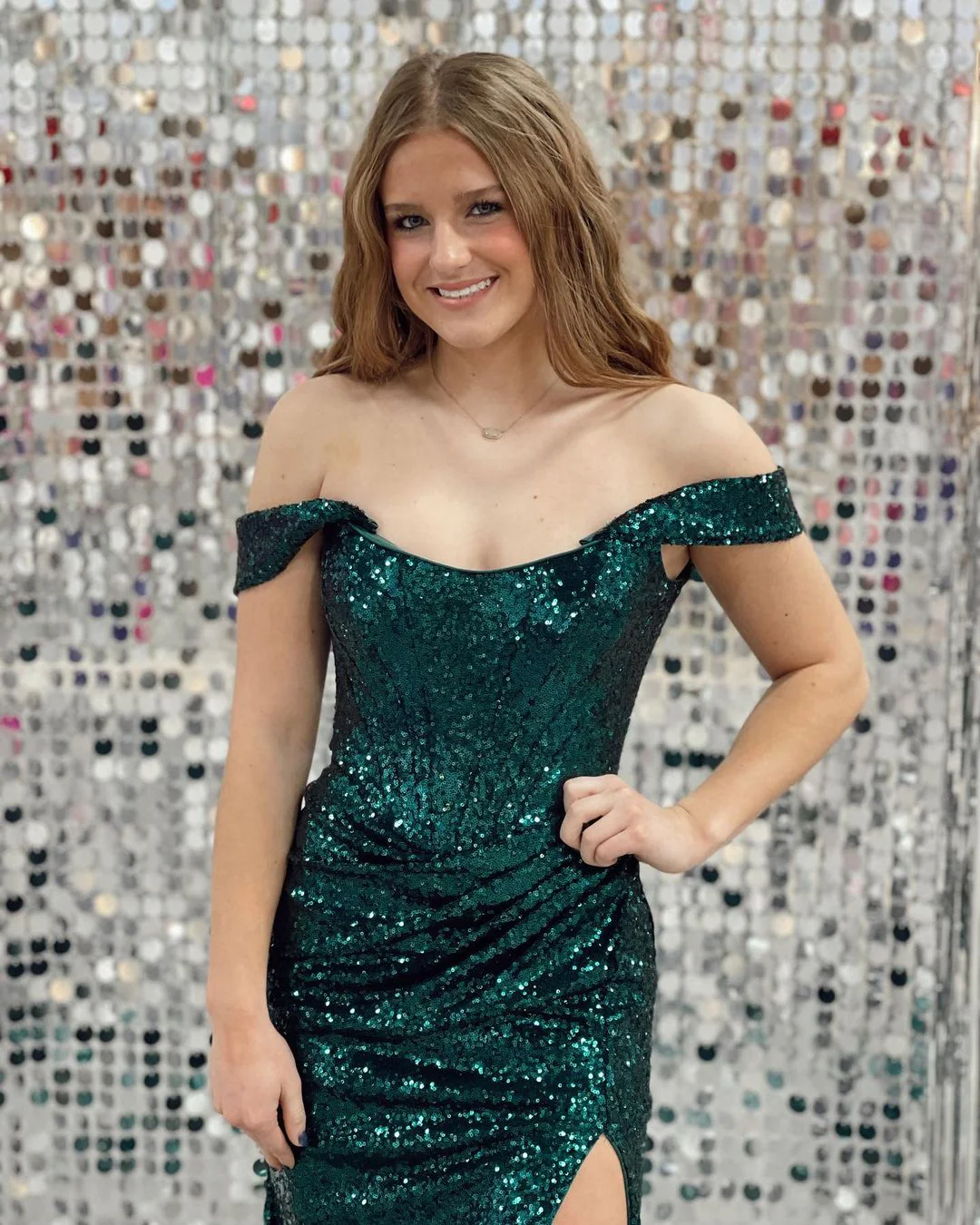 Cute Mermaid Off the Shoulder Dark Green Sequins Prom Dresses with Slit nv823
