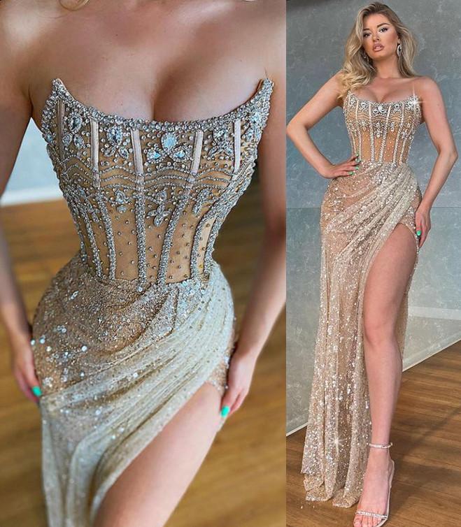 Golden Wunderschöne Luxus Sexy Pailletten Perlen Kristall Hoher Schlitz Langes Formales Ballkleid Ballkleid Abendkleid Partykleid nv100