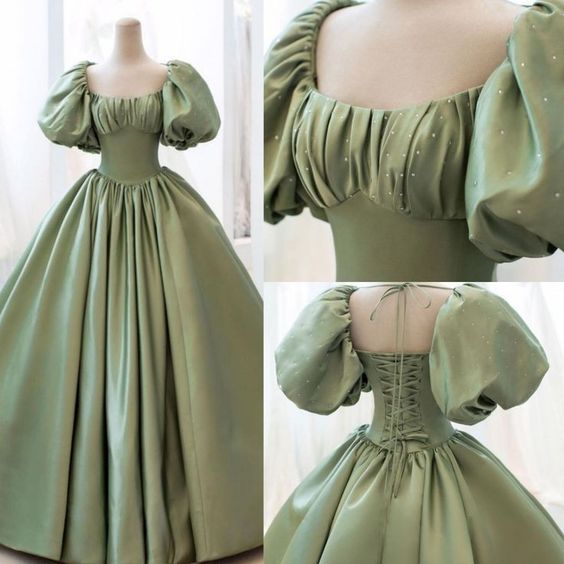 Green Sweet Elegant A-line Long Satin Short Sleeves Prom Dress Evening Dress Birthday Dress Graduation Dress nv74