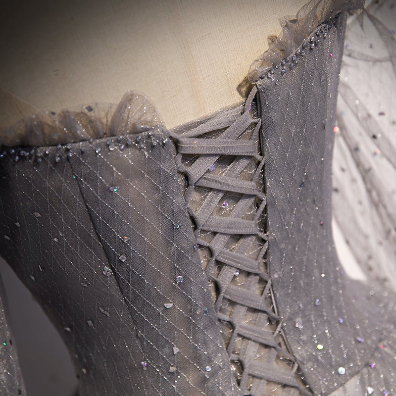 Graues, glänzendes, elegantes Ballkleid mit langen Ärmeln aus Tüll, formelles Kleid, Abendkleid, Abschlusskleid, NV86