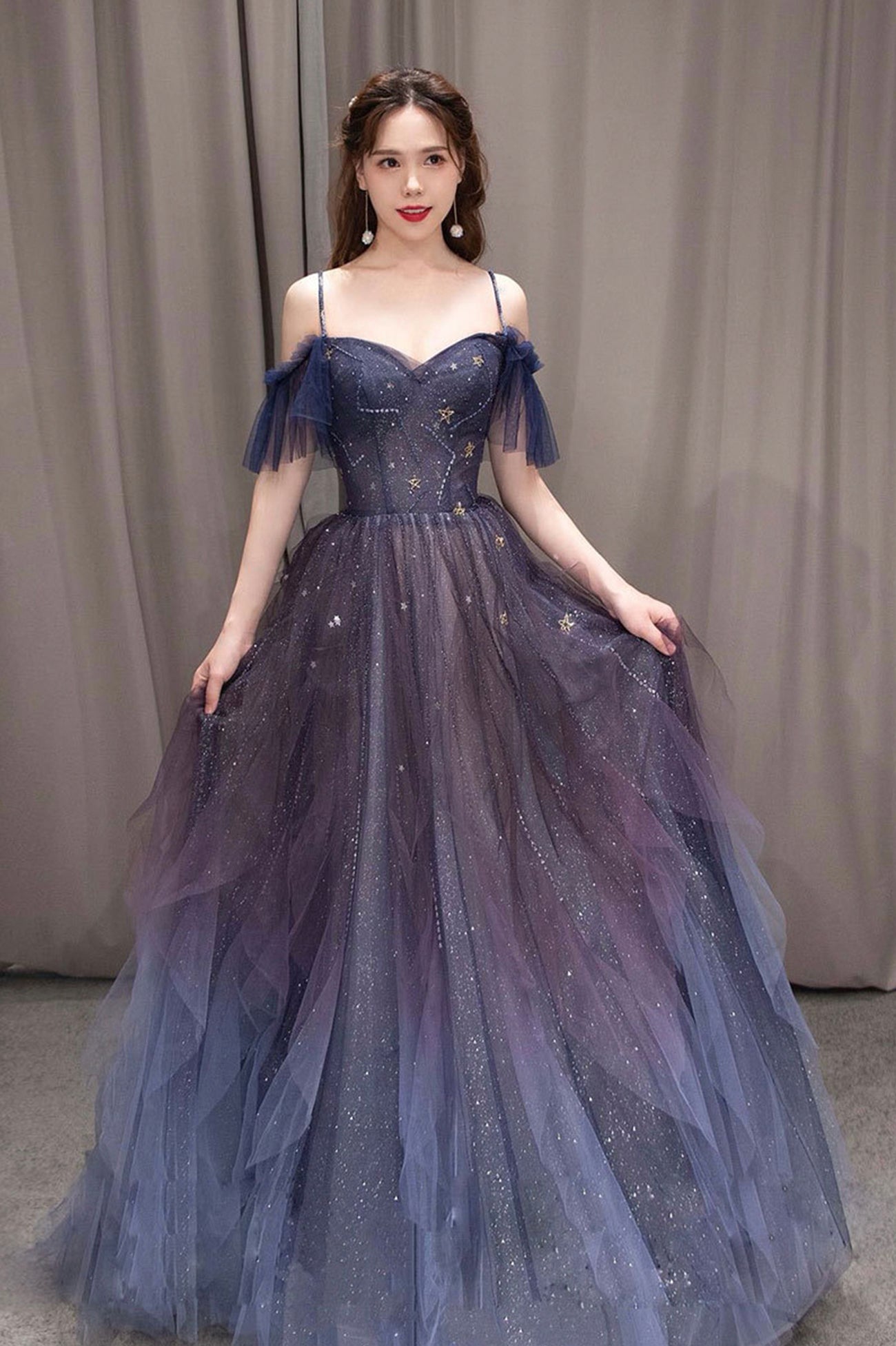 PURPLE TULLE LONG PROM DRESS A LINE EVENING GOWN nv106