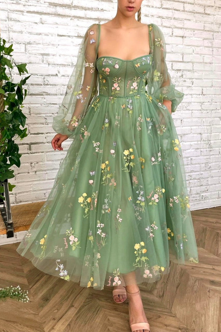 Green tulle lace short prom dress evening dress nv76