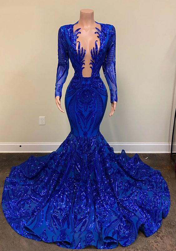 royal blue evening dress long sleeve formal party dresses sparkly dress nv111