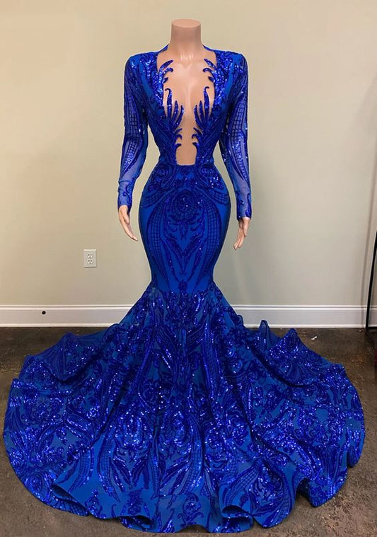 Blue shiny sexy v-neck long sleeves formal prom dress evening gown party dress  nv111