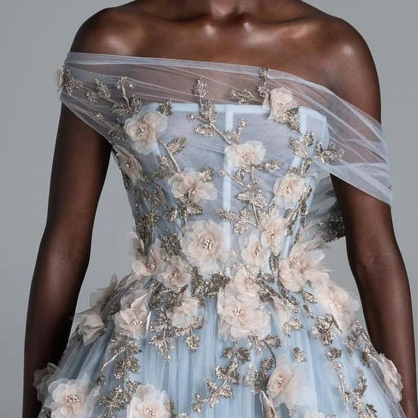 Mist Blue Garden Off-Shoulder 3D Floral Ball Gown Evening Dress NV6565