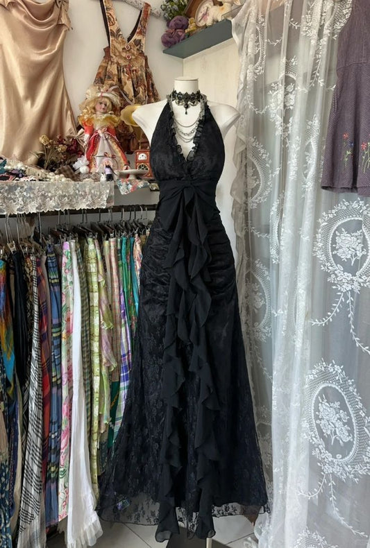 Black Vintage Fashion Lace Suspender V Neck Long Prom Gown Evening Dress Party Dress nv3623