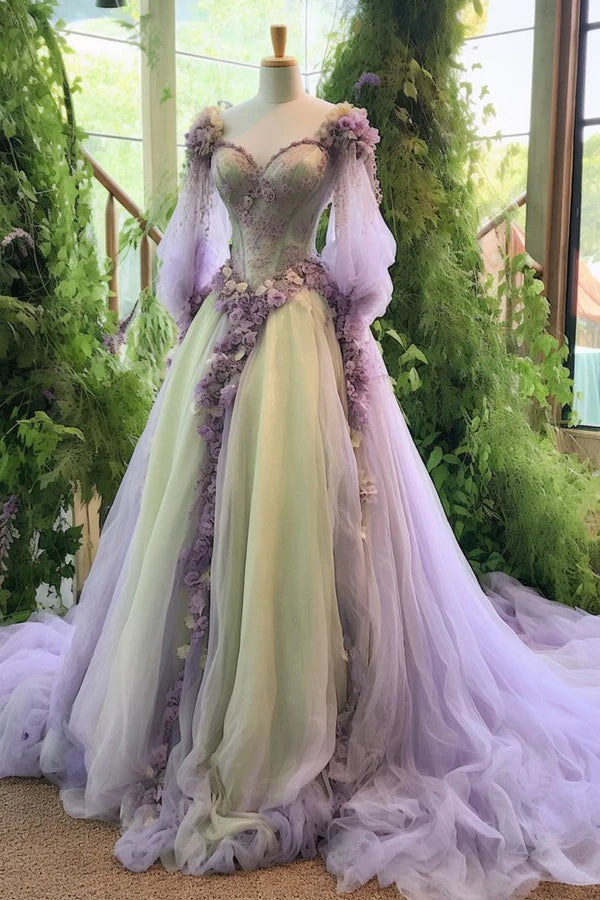 Purple Mist Garden Gradient Tulle Ball Gown Evening Dress with 3D Floral NV6562