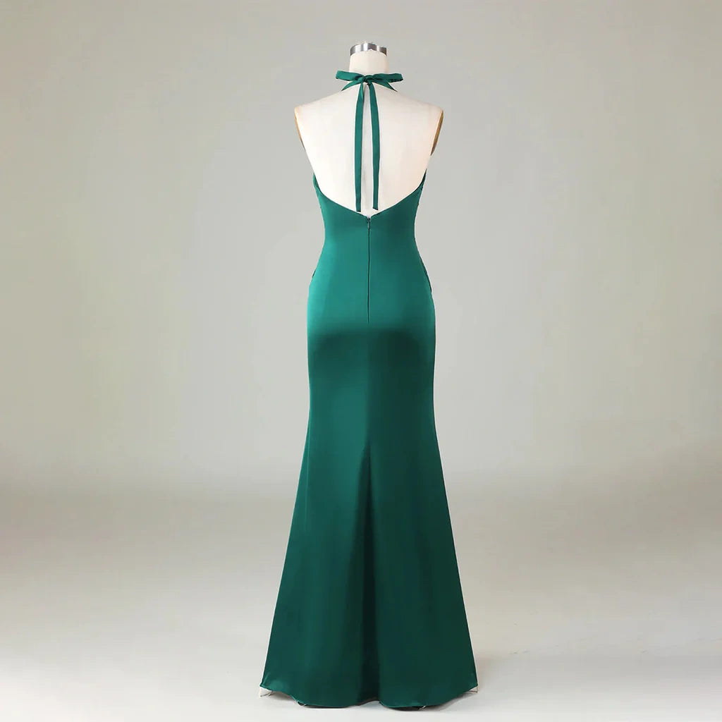 Green Sexy Backless Deep V Neck Mermaid Satin Long Bridesmaid Dresses Ball Gowns Evening Dresses nv1986