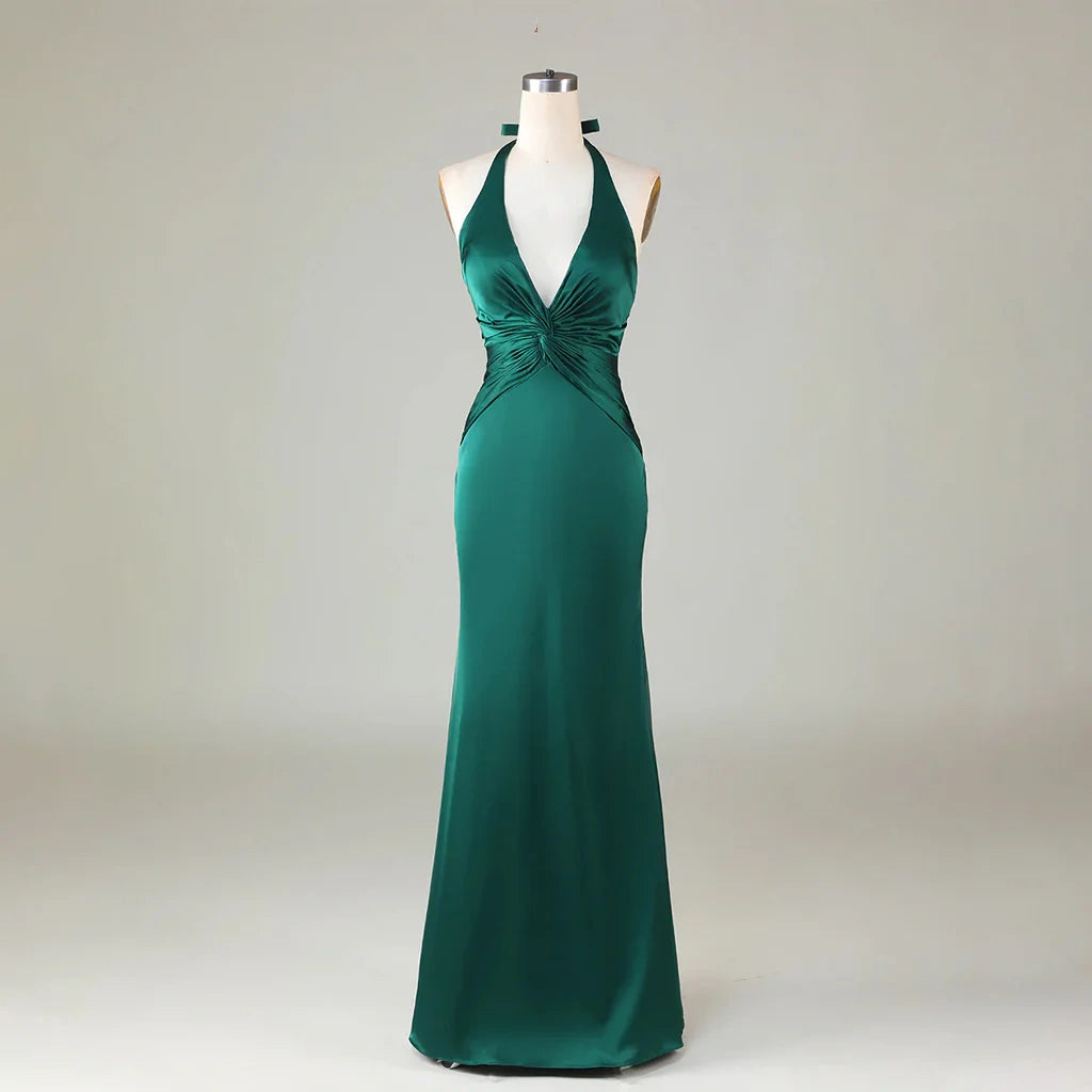 Green Sexy Backless Deep V Neck Mermaid Satin Long Bridesmaid Dresses Ball Gowns Evening Dresses nv1986