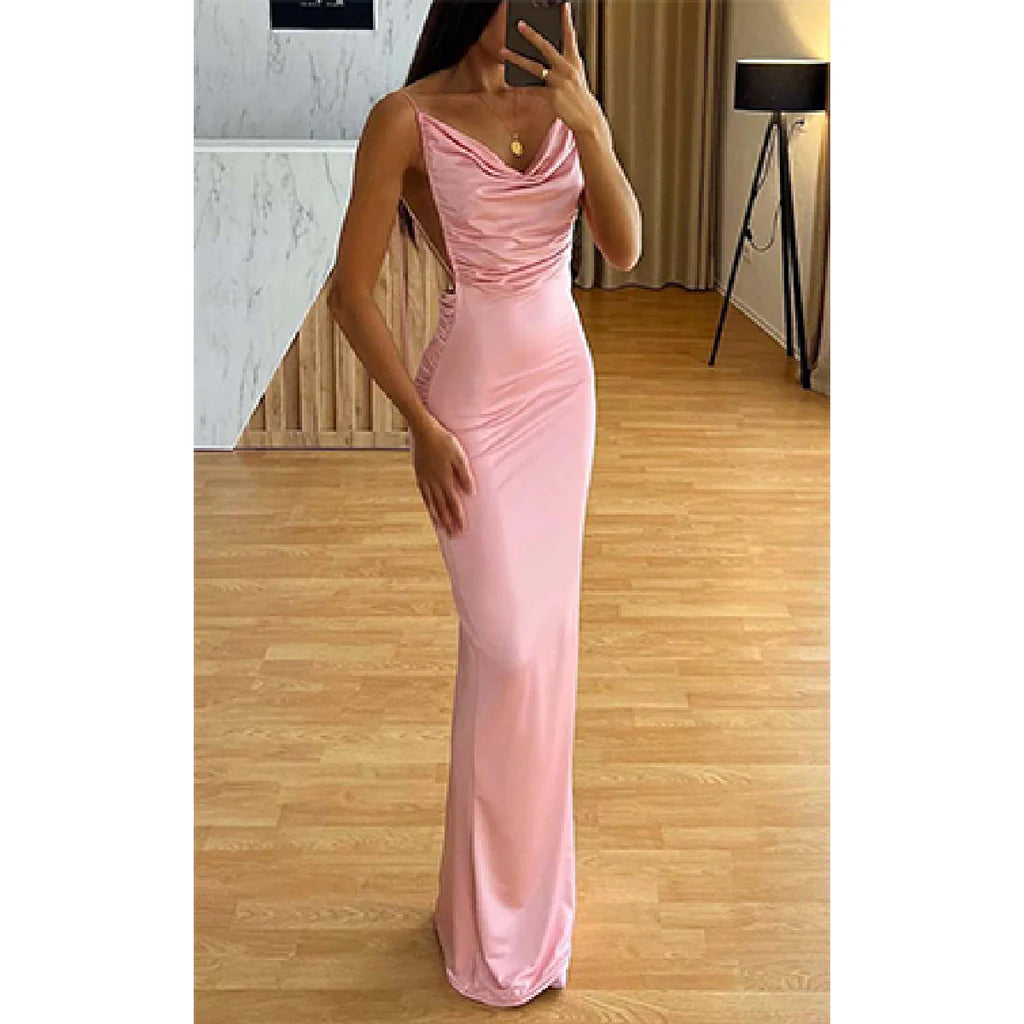 Pink Elegant Spaghetti Strap V Neck Mermaid Satin Pearl Long Bridesmaid Dresses Evening Dress Ball Gown nv1977