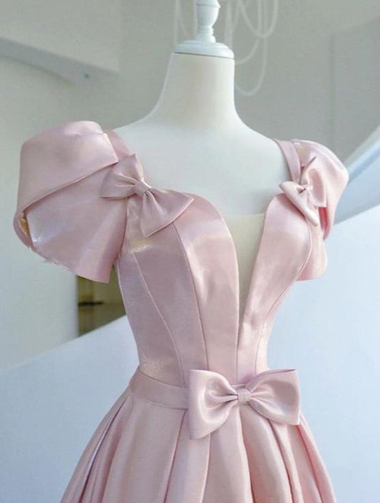 Pink Satin Long Bow Short Sleeves Ball Gown Evening Dress Wedding Party Dress nv2738