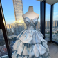 Ice Blue Strapless Princess Evening Gown Sweetheart Neck Pearl Rhinestone Shiny Tiered Cake Skirt Long Prom Dress  NV7017