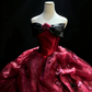Burgundy Strapless Vintage Princess Ball Gown Black Bow 3D Flowers Printed Organza Long Evening Gown  NV7010