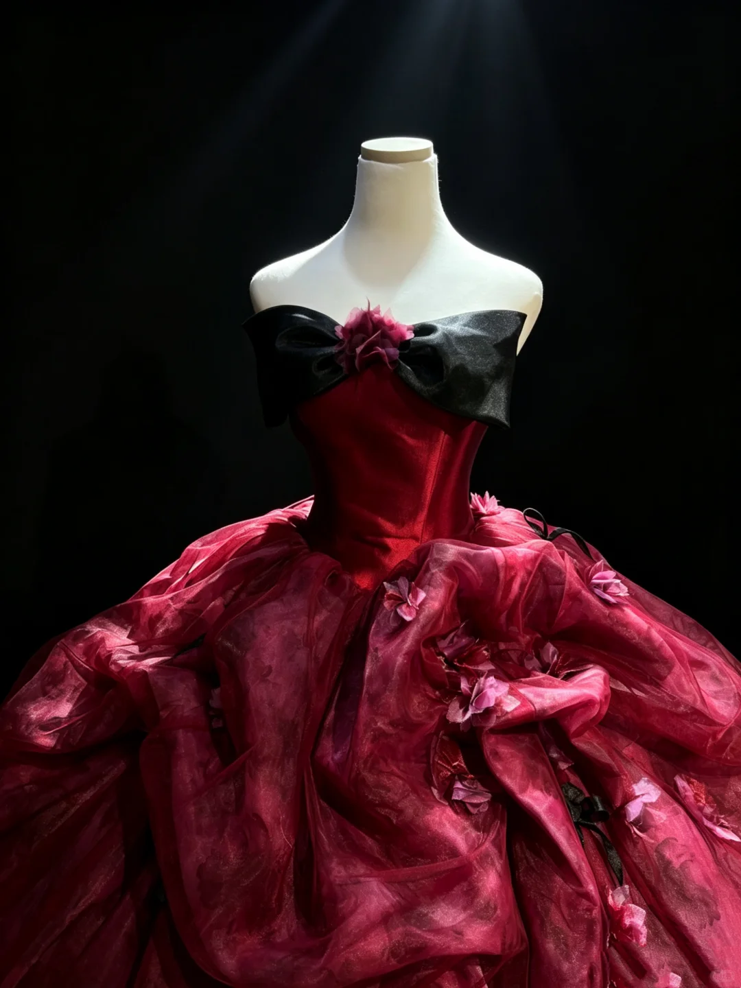 Burgundy Strapless Vintage Princess Ball Gown Black Bow 3D Flowers Printed Organza Long Evening Gown  NV7010