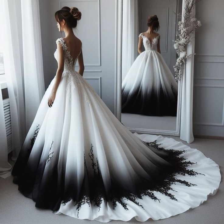 White gorgeous exquisite elegant lace black gradient long tulle ball gown evening dress wedding dress nv3363