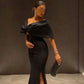 Black simple A-line slit skirt new style satin off-shoulder ladies formal pleated out long prom dress evening gown party dress nv2473