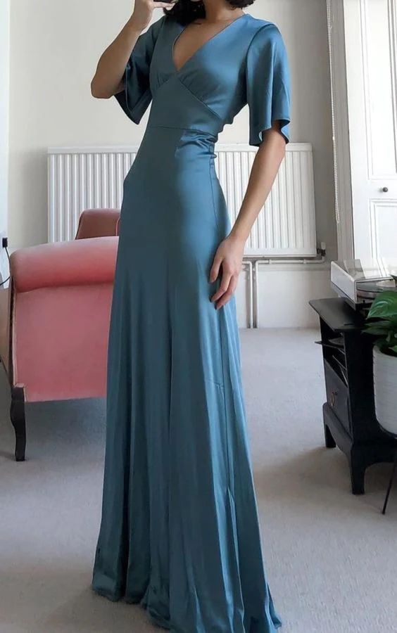 Blue Simple Elegant Charming V-neck Long Evening Dress Ball Gown Party Dress With Sleeves nv2446