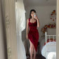 Red sexy elegant charming velvet mid-length slit prom dress evening dress party dress homecoming dress nv2426