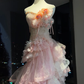 Pink Strapless Mermaid Dress 3D Floral Tiered Glitter Tulle Long Train Fairy Prom Gown  NV6936