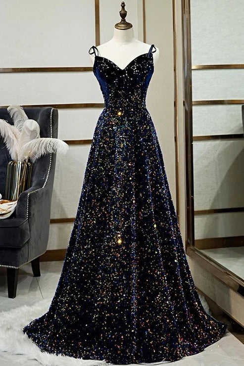 Black Shiny Elegant Long A-Line Back Tie Evening Prom Gown Party Dress nv4173