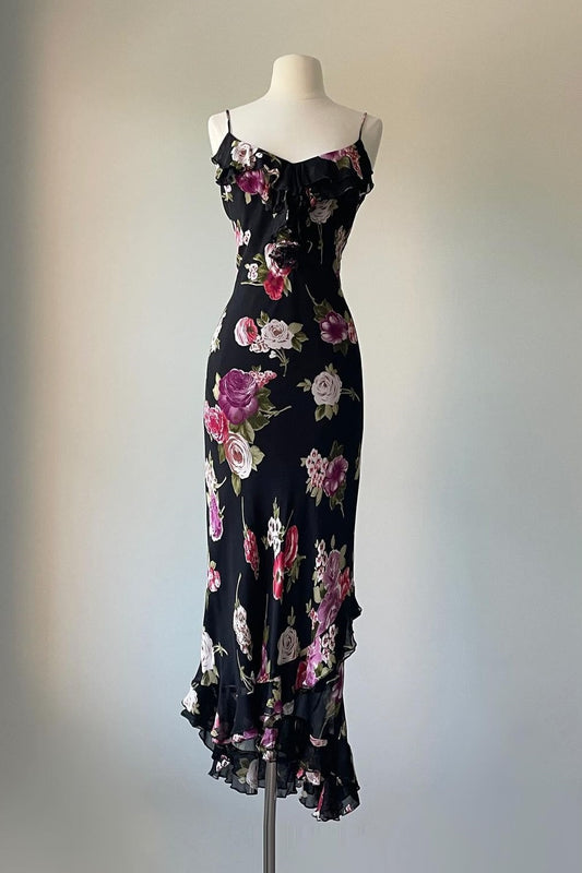 NiceVestidos-_Vintage Black Rose Floral Spaghetti Strap Ruffled Asymmetric Long Evening Gown NV5927