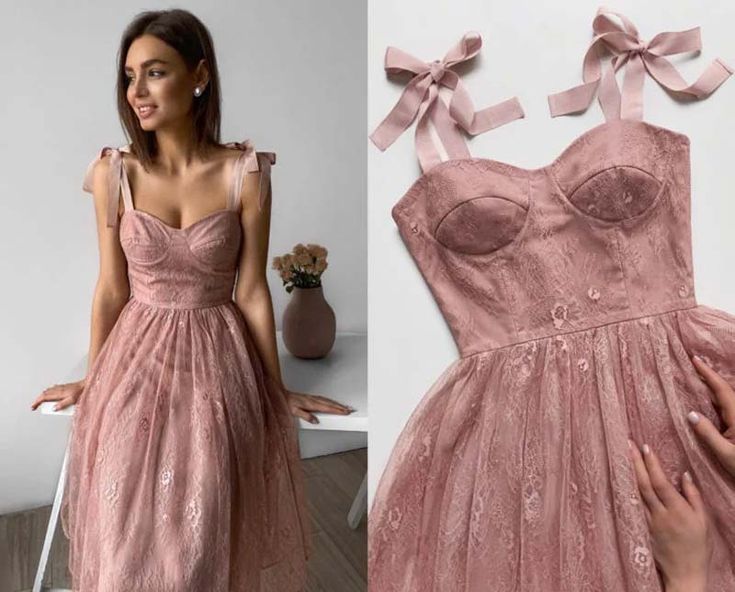 Pink sweet spaghetti strap lace mid-length princess homecoming dress party dress graduation dress prom dress evening dress nv3288