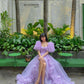 Purple sweetheart neckline puff sleeve tulle long ruffled ball gown evening dress nv2887