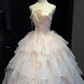 Dusty Pink Strapless Ball Gown Pleated Bodice Tiered Ruffle Tulle With Satin Bow Fairy Prom Dress  NV6938