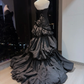 Black Strapless Vintage Formal Gown Ruched 3D Rose Bubble Tiered Long Train Evening Dress  NV6964
