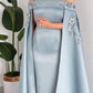 Blue Elegant One Shoulder Applique Satin Cape Long Ball Gown Evening Dress nv2742