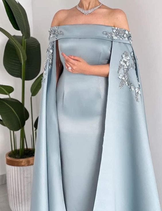 Blue Elegant One Shoulder Applique Satin Cape Long Ball Gown Evening Dress nv2742