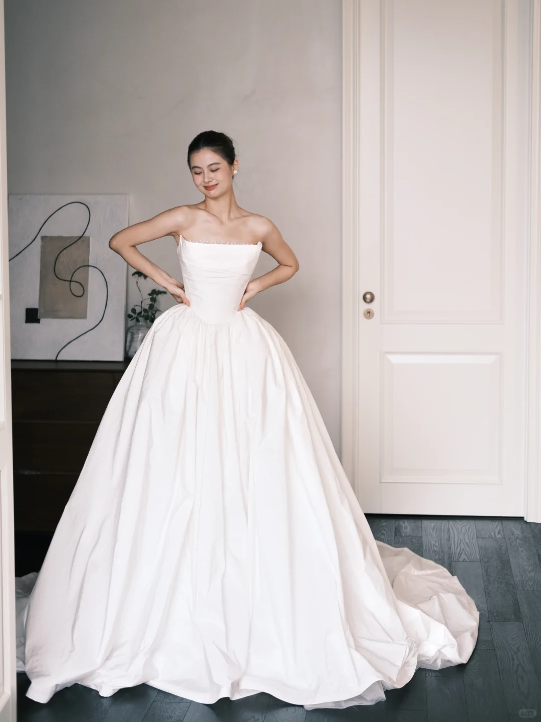 Strapless Boned Satin Ballgown Wedding Dress with Pearl Detail  NV7386