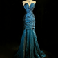 Blue Strapless Ruched Mermaid Gown with Satin Sheen & Jewel Brooch NV6871