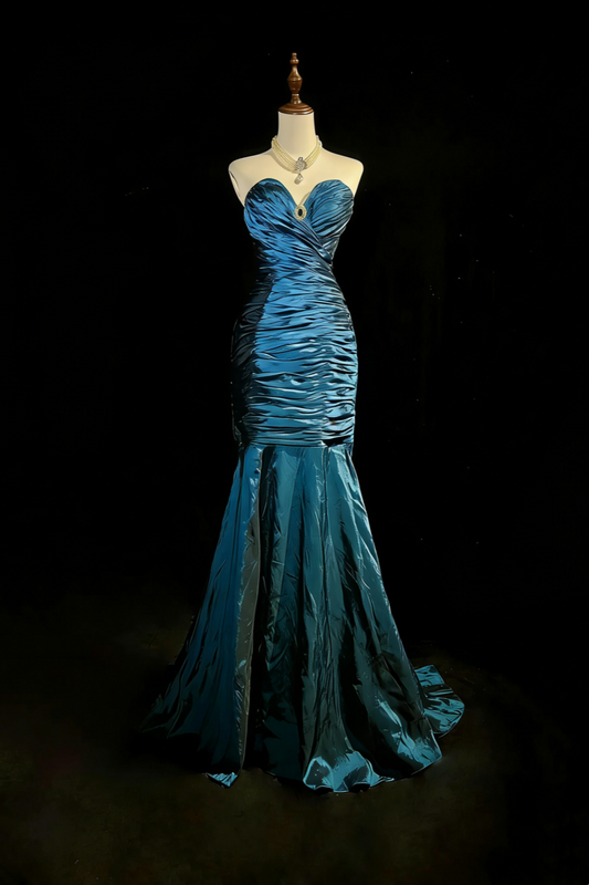 Blue Strapless Ruched Mermaid Gown with Satin Sheen & Jewel Brooch NV6871
