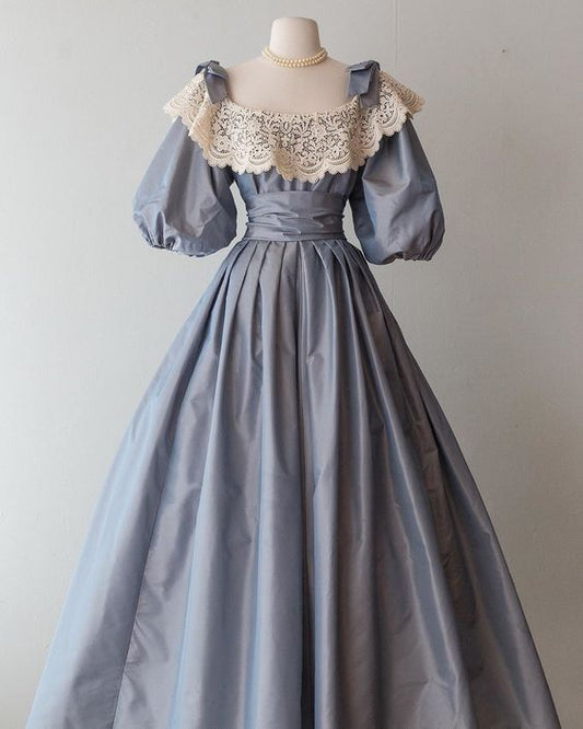 Blue cute elegant lace baby doll collar short sleeve long ball gown evening dress nv2825