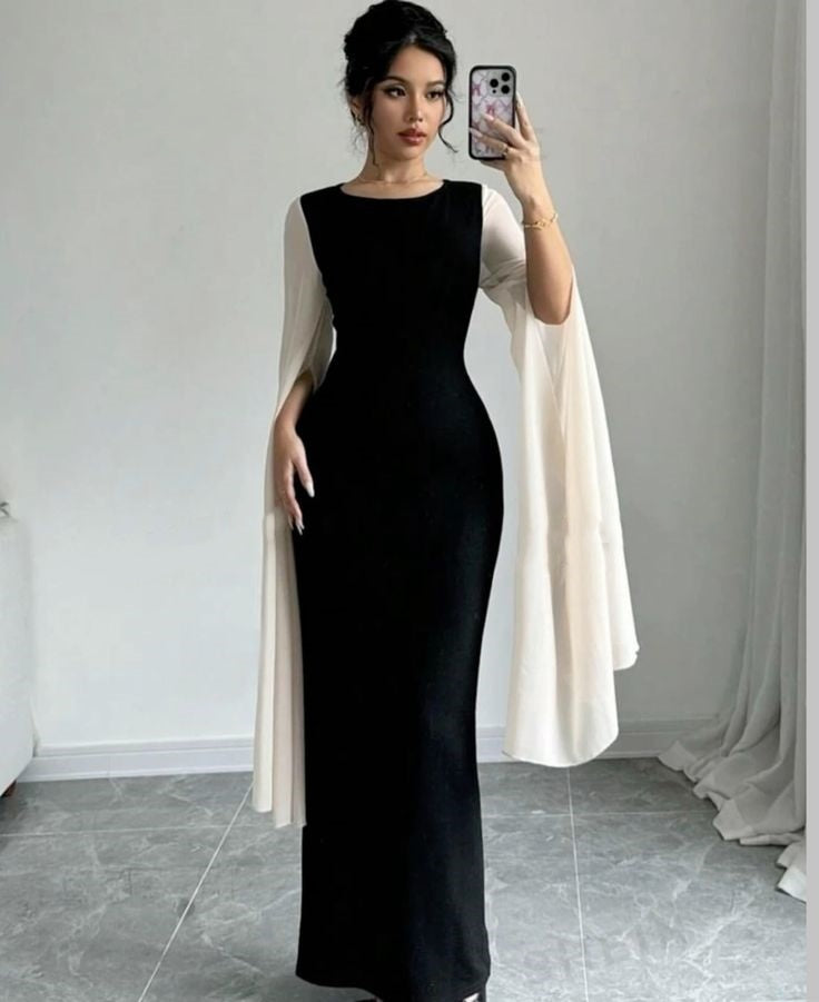 Black and white simple elegant white long tulle sleeves long ball gown evening dress party dress nv2439